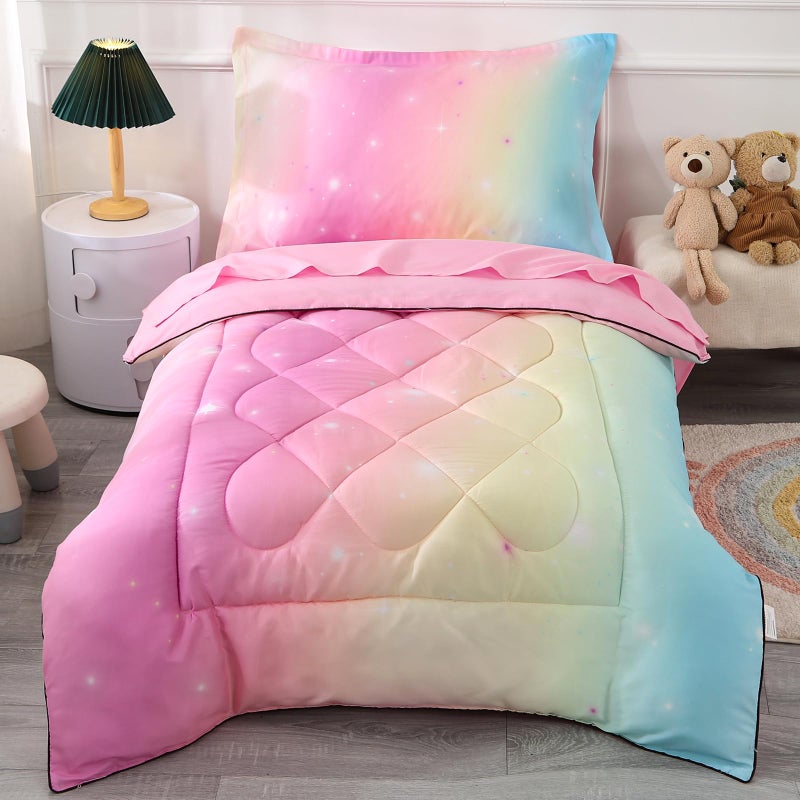 Wowelife 4 Piece Toddler Bedding Sets for Girls Pink Toddler Girl Bedding Set Toddler Bed Sets for Girls Stars Princess Comforter Set with Comforter, Flat Sheet, Fitted Sheet, Pillowcase, Pink - Image 1